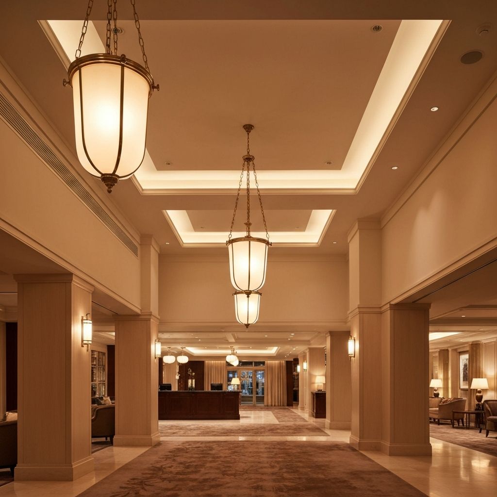 Hotel Reception with Elegant Pendant Lights